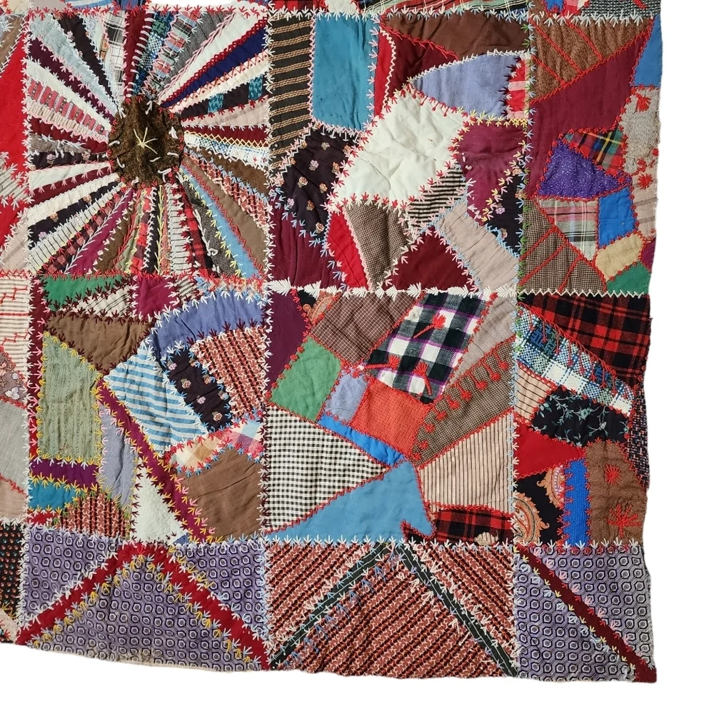 ANTIQUE Crazy Quilt top hand swen cotton quilt top to‎ be finished 65in x 65in